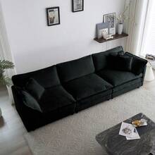 Sofá de 3 plazas de estilo moderno de mediados de siglo con 2 cojines de reposabrazos y 3 cojines adicionales, sofá para sala de estar de chenilla negra - 1 - Ver 2