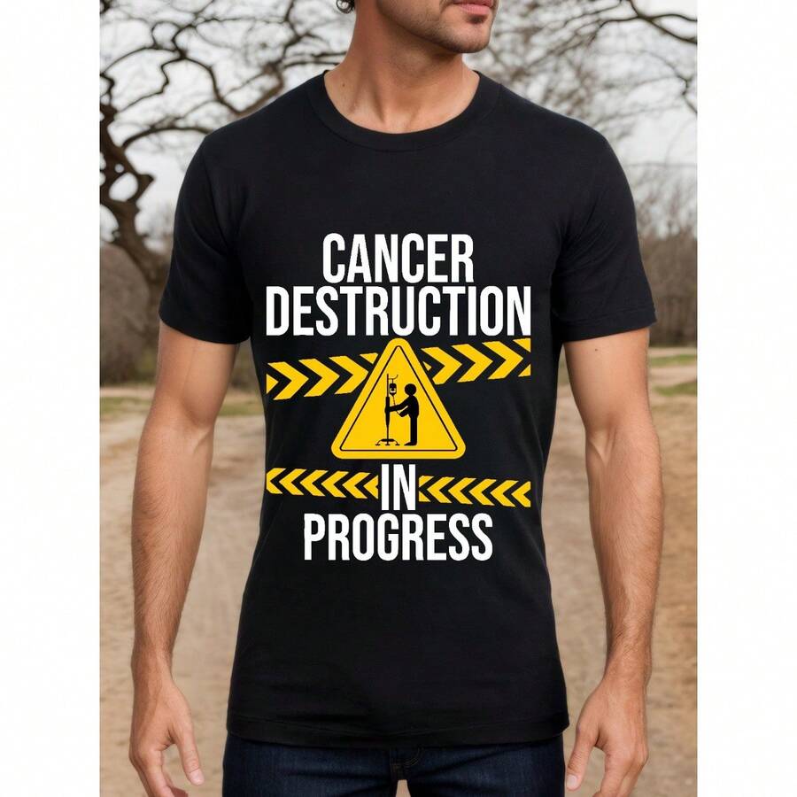 Cancer Destroys Progress - Warning Sign Inspirational Print, Strength And Light Of Hope, Cotton Short-Sleeved T-Shirt, A Unique Casual Statement Of Choice For Supporters - Black - View 1