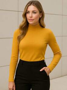 Basic Visco Lycra Turtleneck Second Skin Top - 芥末 - 查看 3
