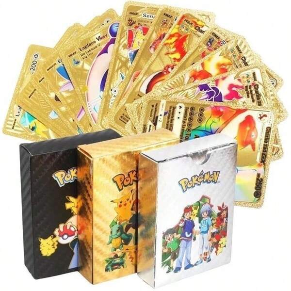 pokemon Set de 55 cartas de Pokémon con lámina de oro, cartas coleccionables de PVC de Pokémon, cartas de juegos de mesa, útiles escolares, de vuelta a la escuela