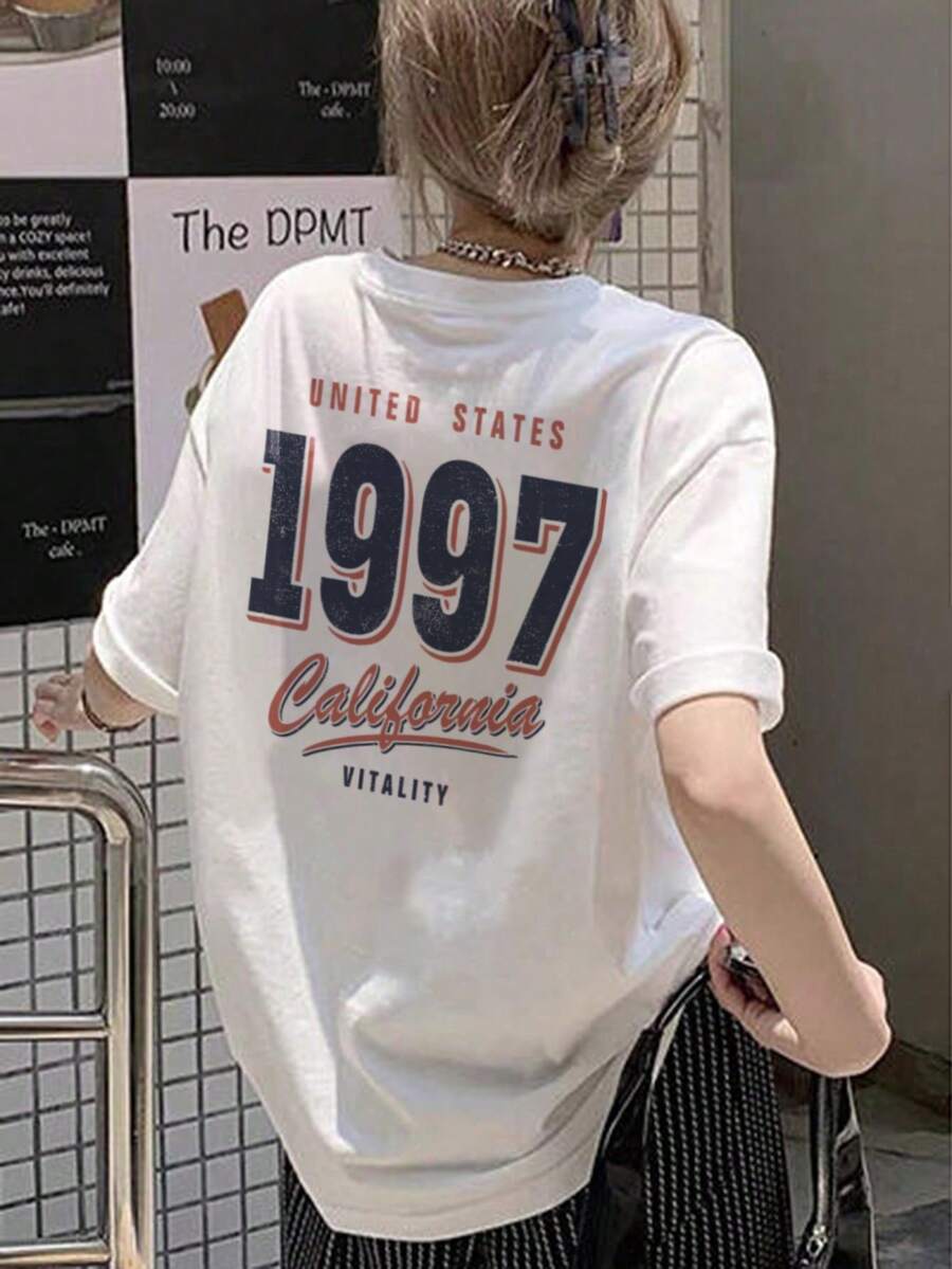 Japanese Style Women's Loose Round Neck Casual Versatile Numeric & Letter Print Short Sleeve T-Shirt, Spring/Summer