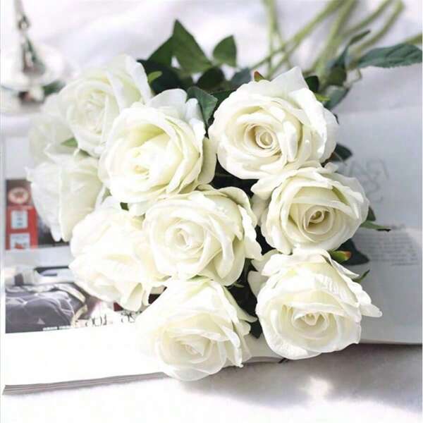 1/6/10pcs Artificial Silk Flowers,Fake Realistic Roses Floral Bouquet Long Stem For Home Wedding Decoration Party,Mother's Day Gift,Flower Baskets, Car Decorations, Dress Accessories,Love Flower Arrangement(White)