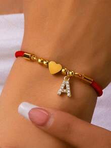 1 件 A-Z 英文字母不锈钢锆石心形串珠手工编织可调节手链女士配饰节日礼物 - 紅色 - 查看 4