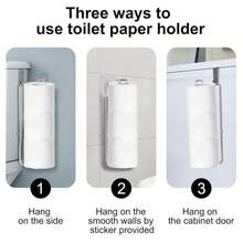 免钻卫生纸架，浴室铁制卫生纸卷架，门上粘贴式，厨房纸巾架（银色） - 銀色 - 查看 5