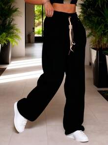 Pantalón de pierna ancha para mujer, con diseño casual y elegante, tela de algodón y poliéster, bolsillos funcionales, ajuste de cintura natural con resorte y doble cordón, textura acanala, fresco y ligero, ideal para temporadas de primavera, verano e inicios de otoño. - Negro - Ver 4