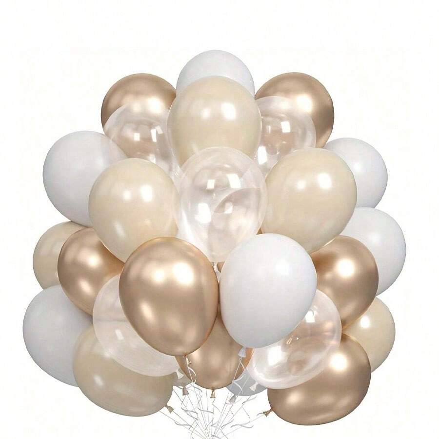 10pcs Metal Champagne Gold & White Latex Balloons, 10 Inch Premium Latex Balloons Suitable For Wedding, Birthday, Bridal Shower, Boho Theme Party Decor - Sandy White Transparent - View 1