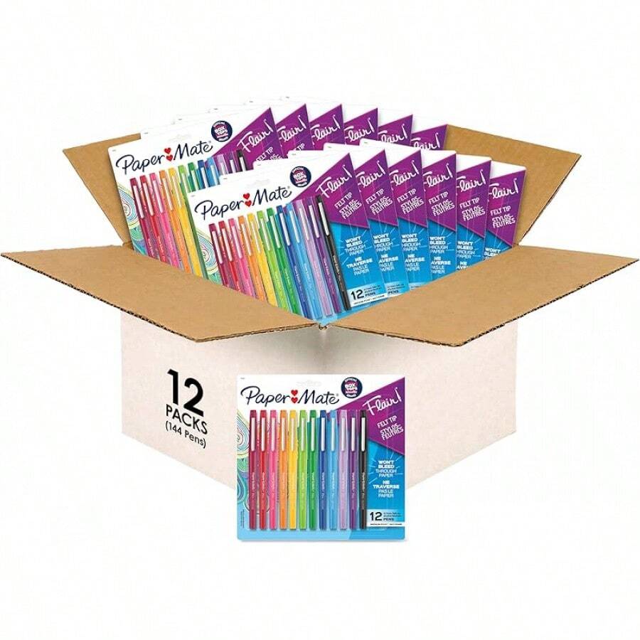 Paper Mate Flair Pens 12pk - Assorted Colors, Medium Tip, For Note-Taking/Art - 144 Count - View 1