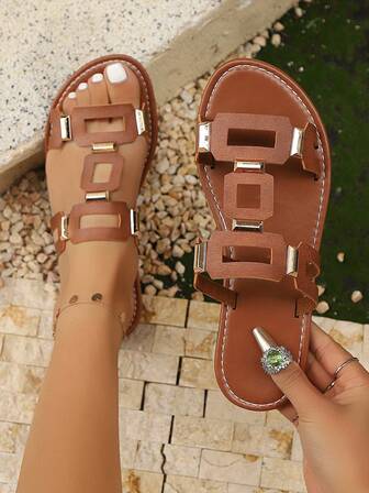 Women's New Square Buckle Decor Fashion Flat Sandals, Women Beach Sandals