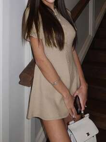 Elegant Round Neck Single Breasted Knitted A-Line Dress Old Money Style Office Casual Short Sleeve Mini Dress Autumn Outfits Modest Dresses For Women - Khaki - View 6