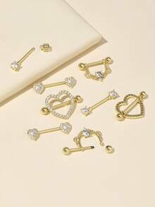 4pcs Heart & Tiny Heart Shaped CZ Stainless Steel Pierced Nipple Rings - Gold - View 3
