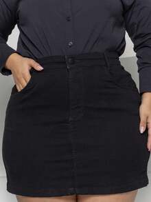Plus Size Beige Plain High Waist Jeans Skirt With Hem - 黑色 - 查看 1