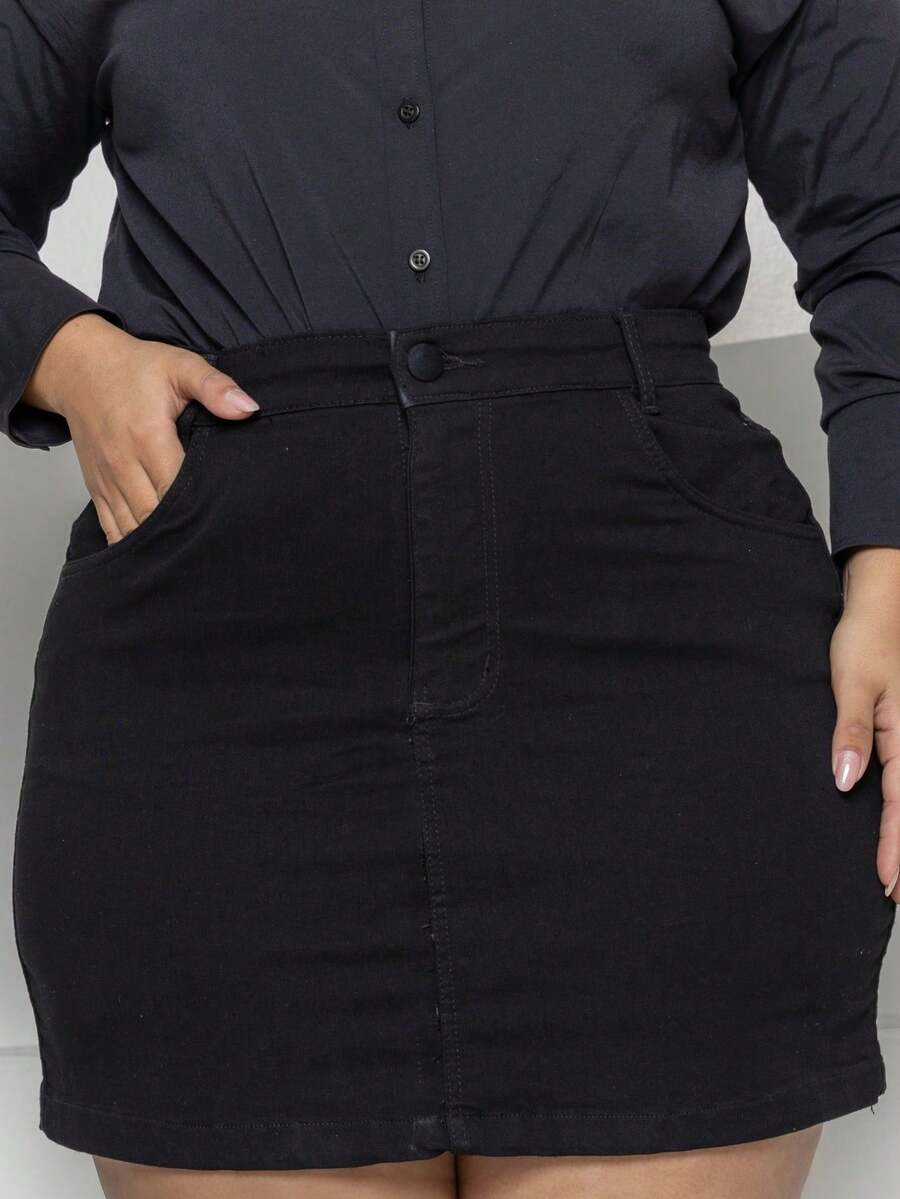 Plus Size Beige Plain High Waist Jeans Skirt With Hem - 黑色 - 查看 1