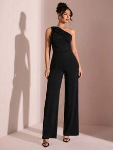 Swisz Women's Casual Asymmetrical Pleated Wide Leg Jumpsuit With Long Tank Top - màu đen - Xem 3