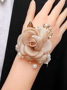1pc Champagne Tea Flower Brooch + 1pc Wrist Corsage Set, Beige Rose Decor Bride, Bridesmaid, Wedding, Party, Daily Floral Accessory - Champagne - View 4
