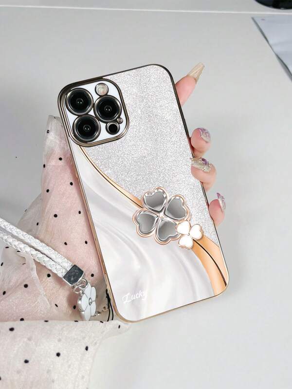 1pc Black TPU Electroplated Gemstone Flower Dual-Tone Pattern Shockproof Phone Case And 1pc Black Flower Bling Hanging Lanyard
