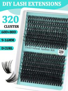 Kit de pestañas postizas rizadas y esponjosas con rizado D, 30D+40D+50D+60D+80D, 320 racimos de pestañas de estilo mixto de 10-18mm, set de pestañas dramático para principiantes, reutilizable con pegamento, incluye pincel para pestañas, pinzas y herramientas aplicadoras, ligero, portátil, pestañas listas para exterior