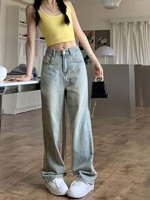 Straight Leg Loose Fit Distressed Back Pocket Design Jeans, Ankle Length Pants Casual Fall - Blue - View 3
