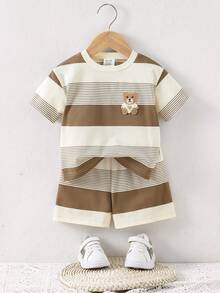 2pcs/Set Toddler Summer Outfit, Fashionable Bear Pattern Contrast Color Round Neck Short Sleeve Top And Casual Shorts, Comfortable Fabric For Outdoor Play And Daily Wear, Baby Boy Clothes