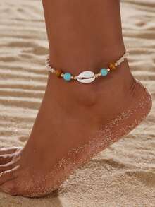 1 件波西米亚绿松石和天然贝壳吊坠蜡绳编织脚链女款