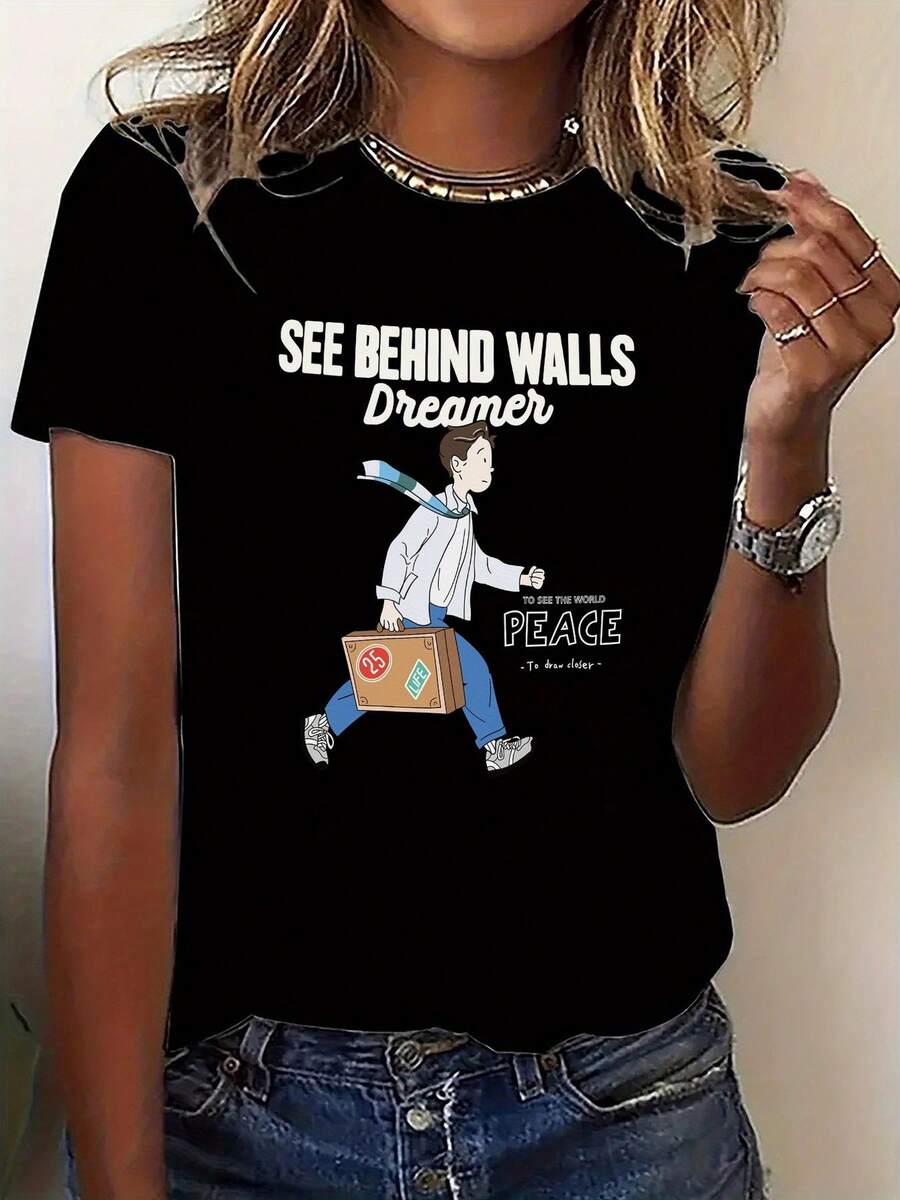 "Camiseta estampada de manga corta y cuello redondo de algodón negro de 180 g para mujer con texto gráfico 'See Behind Walls Dreamer Peace to Draw Closer', ropa informal" - Negro - Ver 1