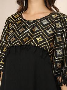 2026新款斋月传统优雅奢华金色串珠刺绣花卉边饰圆领女式长袍 - 黑色 - 查看 4