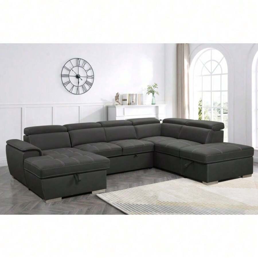 128"Sofa U Shaped Sectional Couch With Ottomans Reversible Modular Sofa 7 Seater Couch With Storage Seat,Living Room Furniture Sofa Sets With Adjustable Headrest, Grey - 1 - View 1