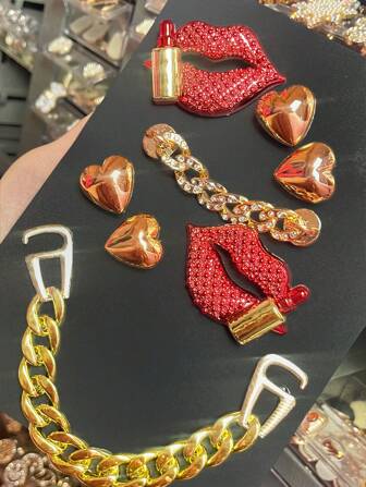 Lip & Gold Mouth Shoe Charms With Bling Chains,Diy Shoe Decorate For Sandals