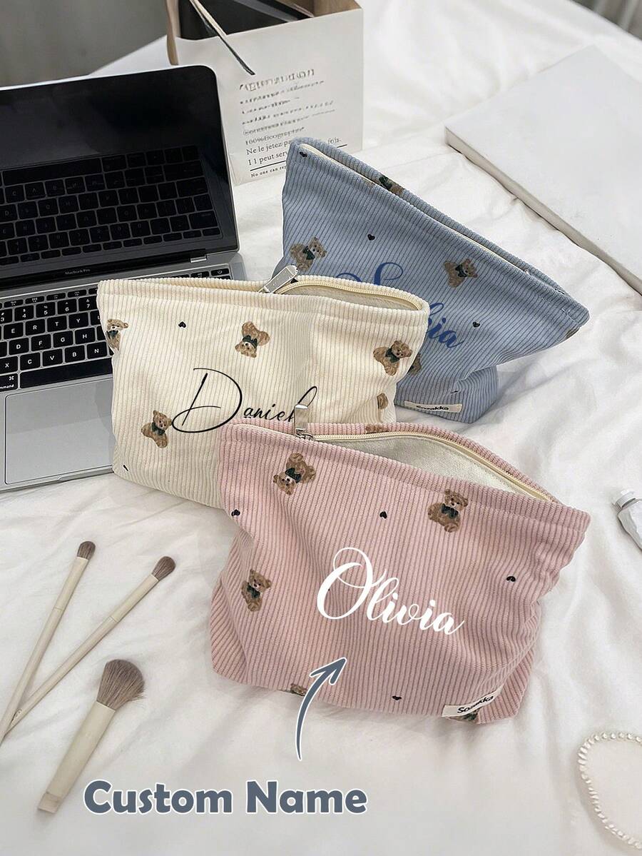 Personalisierte Cord-Kosmetiktasche, personalisierte Lippenstift-Aufbewahrungstasche mit Namenstext, Damen einfache Tasche mit großer Kapazität und Reißverschlussdesign, Lippenstift- und Münzenorganizer, Geschenk für Freunde, Freundin, Beste Freundin Geburtstag Weihnachten Beauty-Accessoires