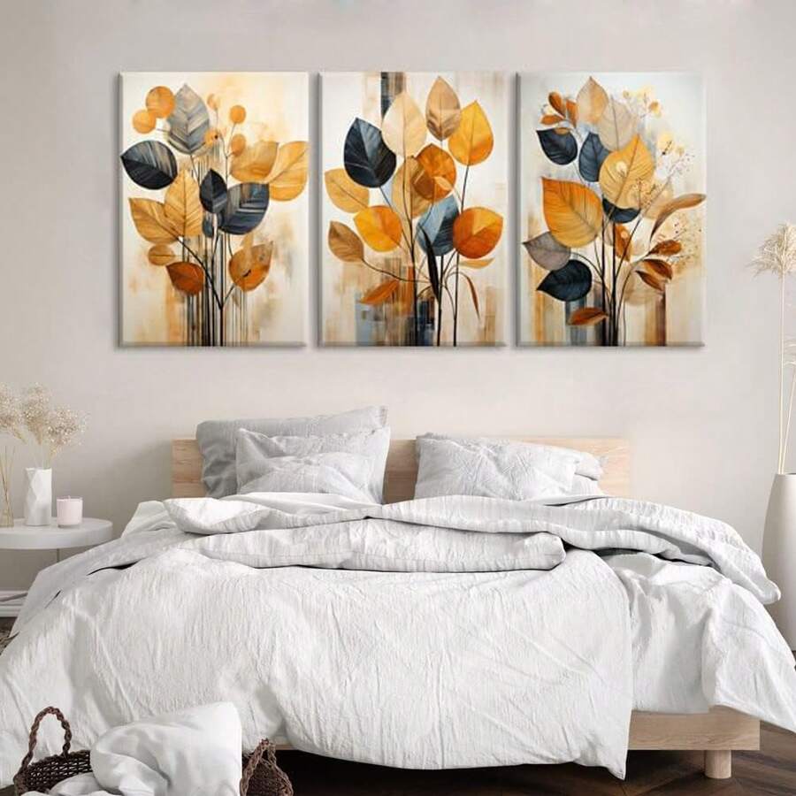 1/3pcs Abstract Leaf Artwork Wall Art Posters, Modern Style Wall Art, Warm Toned Leaves Canvas Wall Art, Contemporary Decorative Paintings, Perfect For Seasonal Decorations Including Spring, Summer, Autumn, And Winter, Ideal For Bedroom, Office, Living Room, Wall Decor, Home And Dorm Decoration, Great Gift For Housewarming, Unframed / Framed ,Wall Art With Frame - Multicolor - View 1