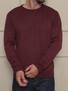Men's Basic Plain Knit Sweater Coat Sweater Round Neck Long Sleeve Wool Sweater Sweatshirt - 酒紅色 - 查看 3