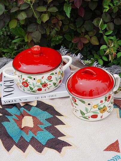 1/3-delars vintage emaljkokkärlsset, tjock soppgryta med dubbla handtag, gryta, mjölkgryta, grönsaksgryta, istergryta, högdekorativ blomsterdesign, köksförvaringsset, speciellt porslin för högtider, födelsedagar, sammankomster, utomhuscampingkokkärl, present till vänner och familj