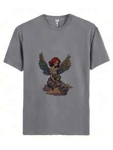 2025 Summer New Hot Selling T-Shirts- Stylized Illustration Of An Angel With Wings, Holding A Shield And Spear, With The Word 'VERSCE' At The Bottom - 灰色 - 查看 1