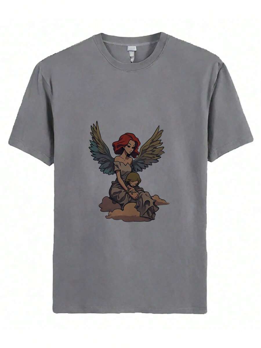 2025 Summer New Hot Selling T-Shirts- Stylized Illustration Of An Angel With Wings, Holding A Shield And Spear, With The Word 'VERSCE' At The Bottom - 灰色 - 查看 1