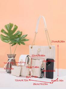 4pcs Handmade Woven Straw Bag Set - Small Swan Charm Metal Chain Strap Fashion Beach Bag, Chic Niche Design Crossbody Tote Bag - White - View 6