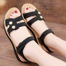 Sandalias de verano para mujer - unicolor casual, diseño hueco transpirable, cierre de gancho y bucle, calzado de playa plano, sandalias planas multiusos | Sandalias planas | Amigables con los pies, sandalias con tiras - Negro - Ver 4