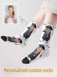 1 Pair Of Custom Face Design Mid-Calf Socks, Personalized Socks With Photo For Girls And Boys, Interesting Custom Image Mid-Calf Long Socks For Teenagers, Suitable For Daily Wear, Holidays, Birthdays, And Other Occasions