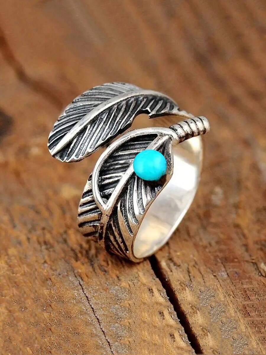 Bohemian Vintage Turquoise Feather Open Ring - 1 Piece