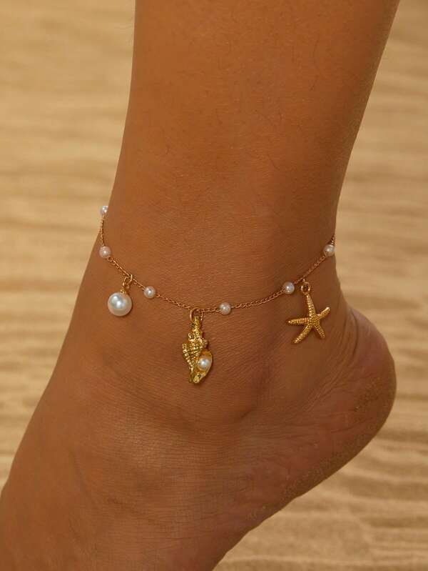 1pc Shell, Pearl & Starfish Pendant With Pearl Chain Anklet, Suitable For Daily Wear And Beach Vacations