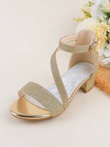 女孩闪亮金色夏季踝带凉鞋，幼儿/儿童派对婚礼花童高跟正装鞋，露趾舒适轻便简约设计，适合婴儿、儿童和青少年 - 金色 - 查看 2