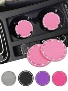 2pcs Crystal Studded Car Cup Holder Coasters, Round Silicone Anti-Slip Heat Insulation Mat, Car Accessories With Rhinestone Decor