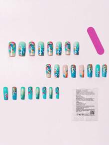 Medium And Long-Length Sky Blue Ocean Gradient Shiny Effect Press-On Fish French Tips Nail Art Shell Star Nail Stickers Dreamy Coral Press-On Nail Art Accessories Stickers Convenient For Daily Outings, Parties, Travel And Vacations Press-On Nails 24-Piece Finished Box Set With Jelly Glue And Rubbing Sticks