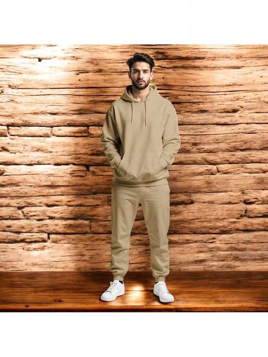 CONJUNTO CASUAL PARA HOMBRE 2 PIEZAS SUDADERA ESTAMPADA  CON CAPUCHA Y PANTALON JOGGER   (TYSON) - Beis - Ver 1