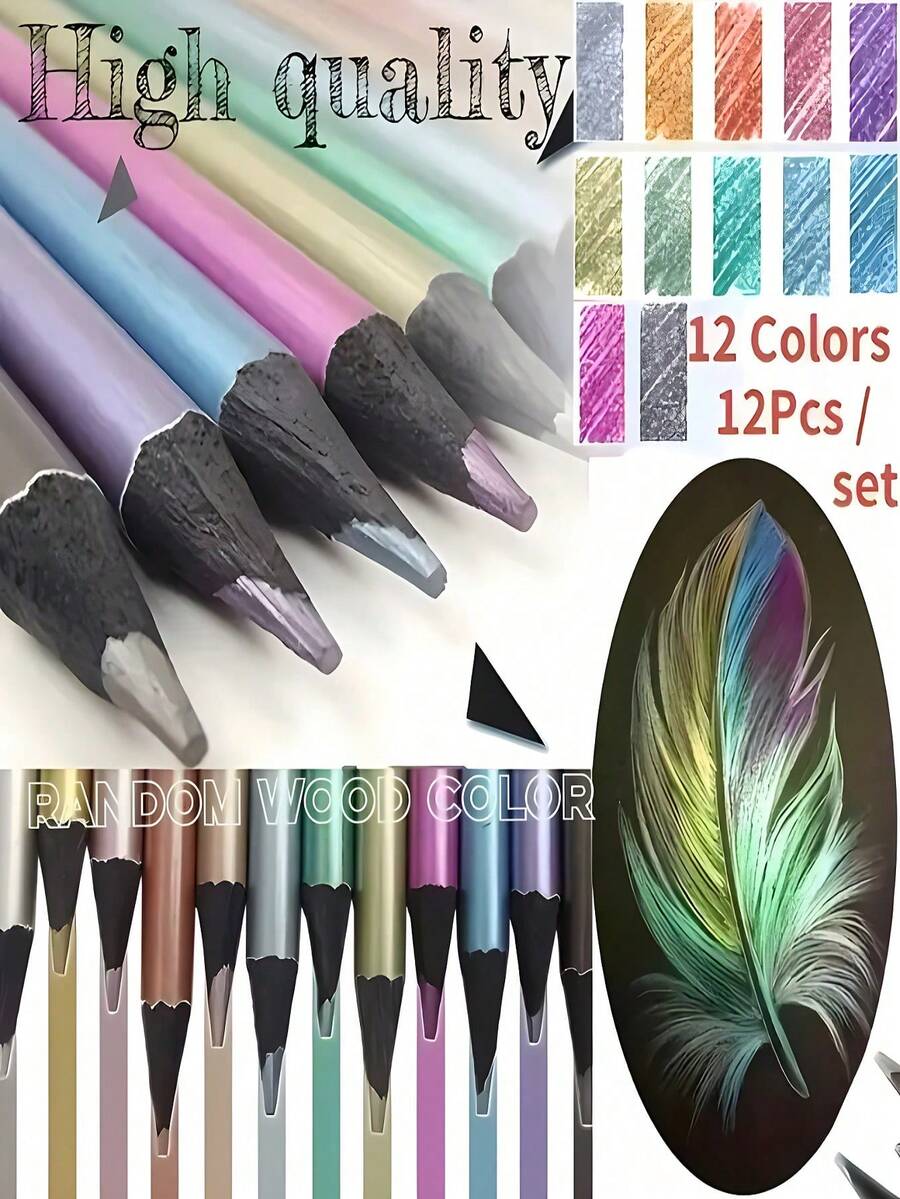 12/24 Metallic HB Colored Pencils - Dust-Free, 24/36 Oil-Based Colored Pencil Set (With Color Card) - Macaron And Morandi Color Series, Painting And Art Creation Supplies, Metallic Bright Colors, Art Supplies, Graffiti And DIY Handicrafts, School Supplies, Professional Painting Graffiti DIY Handicraft Tools - Multicolor - View 1