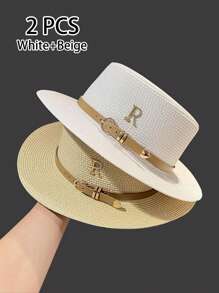 Boho 1pc Women's Fashionable And Cute Straw Hat With Leather Buckle Suitable For Beach Vacation, Daily Use, And Sun Protection Cowboy Hat Valentine's Day