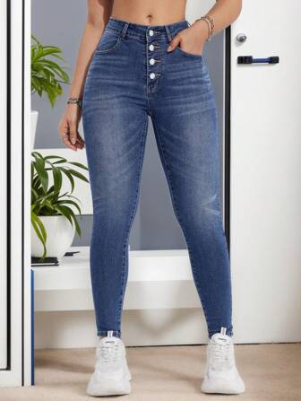Jeans ajustado para mujeres para uso casual diario ,Pantalones vaqueros azules ajustados elásticos ,Vístete cómoda y con estilo, Pantalones Skinny Jeans de Mezclilla, Efecto Levanta Glúteos, Diseño de múltiples botones, Jeans pitillo con estampado de bigotes de gato para atuendo diario