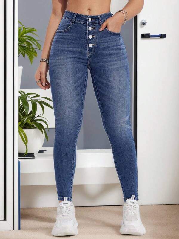 Jeans ajustado para mujeres para uso casual diario ,Pantalones vaqueros azules ajustados elásticos ,Vístete cómoda y con estilo, Pantalones Skinny Jeans de Mezclilla, Efecto Levanta Glúteos, Diseño de múltiples botones, Jeans pitillo con estampado de bigotes de gato para atuendo diario