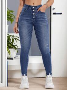 Jeans ajustado para mujeres para uso casual diario ,Pantalones vaqueros azules ajustados elásticos ,Vístete cómoda y con estilo, Pantalones Skinny Jeans de Mezclilla, Efecto Levanta Glúteos, Diseño de múltiples botones, Jeans pitillo con estampado de bigotes de gato para atuendo diario