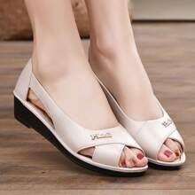 Women's Elegant Sandals - Mid-Heel Comfortable, Chunky Heel Casual Summer Shoes Suitable For Leisure Activities, High Heel Sandals, Slip-On Style, Rubber Sole, Slip-On Sandals | Minimalist Design | Open-Toe Sandals