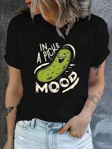 Camiseta gráfica de manga corta y cuello redondo de algodón negro de 180 g para mujer - Camiseta informal con estampado divertido "In a Pickle Mood" para mujer - Camiseta suave, cómoda y humorística de estilo vintage ideal para la moda diaria - Negro - Ver 1