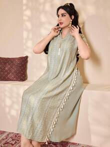 2026 New Style Ramadan Traditional Elegant Green Robe, V-Neck, Tasseled, Embroidered With Golden Sequins, Graceful Arabic Women Clothing JALABIA - Mint Green - View 2